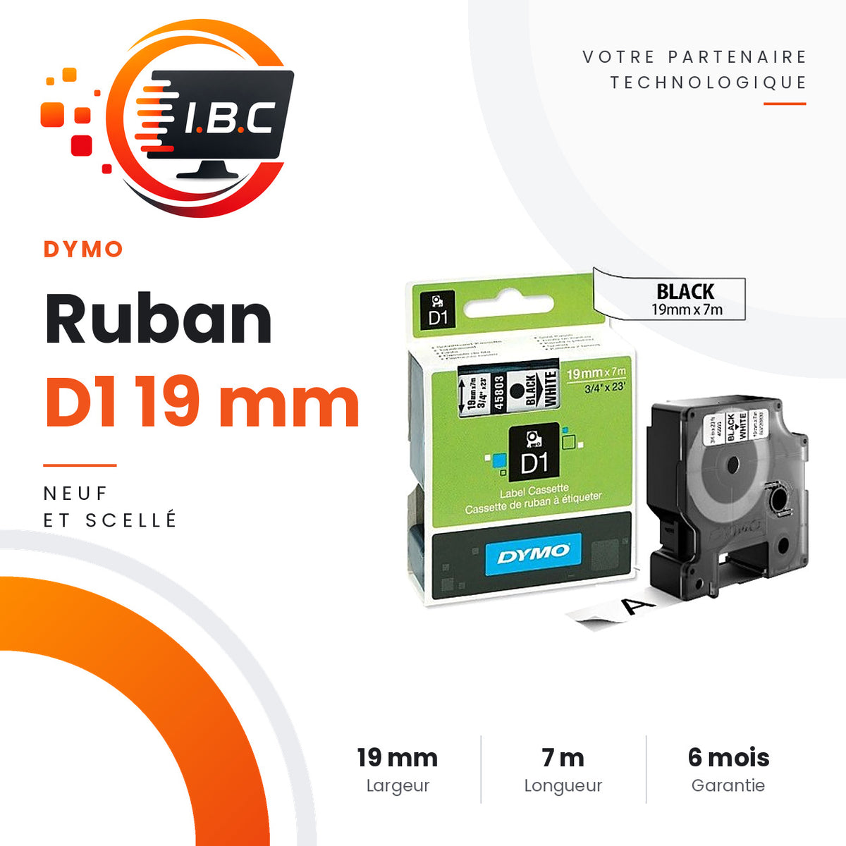 Ruban d'étiquettes Dymo D1 19 mm x 7 m noir sur blanc