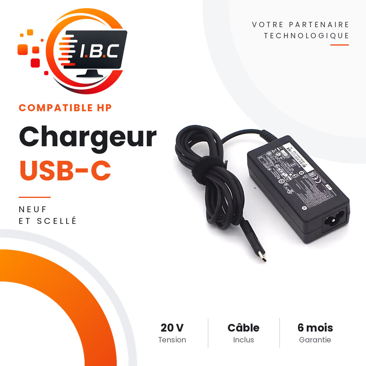 Chargeur USB-C compatible HP pour ordinateur portable